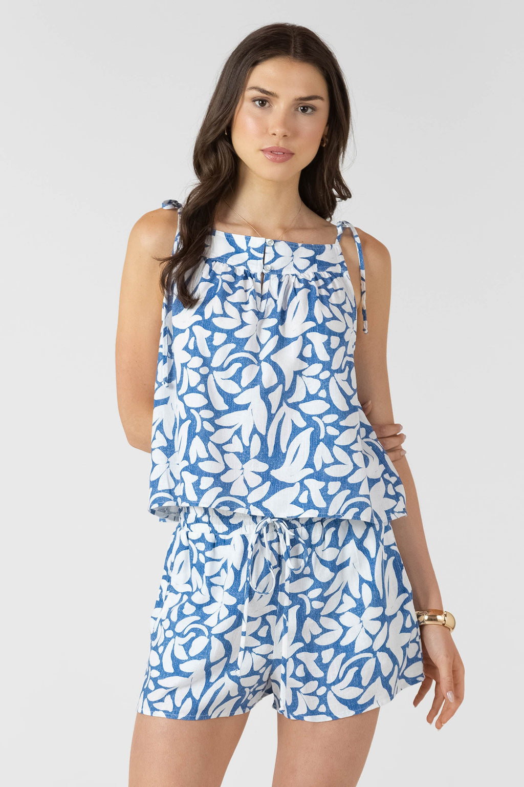 TIE SHOULDER TANK - BLUE WASH WHITE FLOWER collection from Dex Clothing