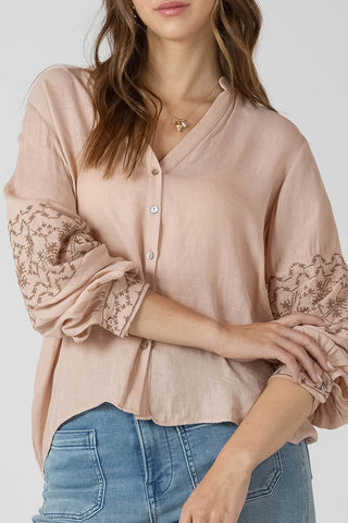 Embroidered Button Front Blouse