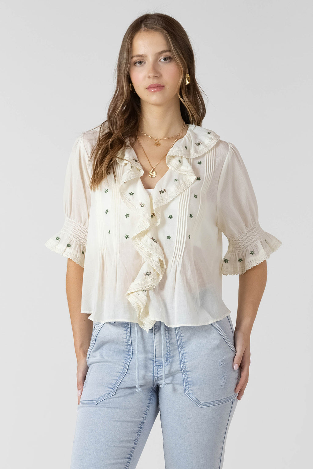 RUFFLE DETAIL EMBROIDERED BLOUSE - BLACK collection from Dex Clothing