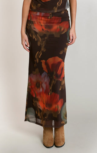 Dex Mesh Floral Skirt in Brown/Orange Floral | Dex Clothing