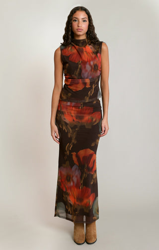Dex Mesh Floral Skirt in Brown/Orange Floral | Dex Clothing