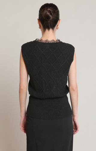 Lace Neckline Shimmer Sweater Top