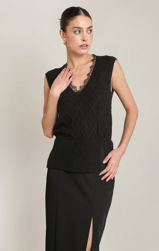 Lace Neckline Shimmer Sweater Top