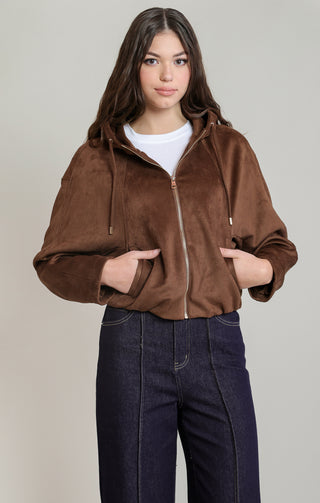 Faux Suede Hooded Bomber